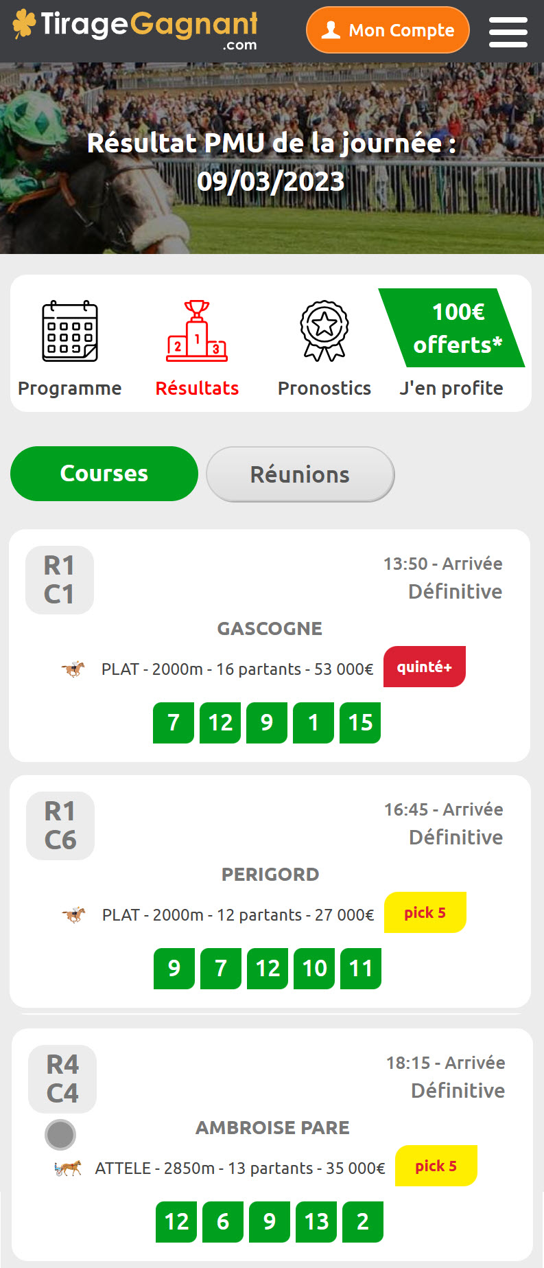 Exemple des courses principales Quinté + et Pick 5 du jour
