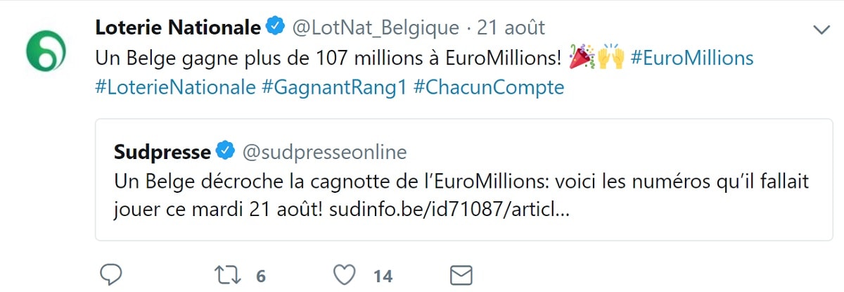 Tweet de la Loterie Nationale à l’annonce du gagnant Euromillions belge.