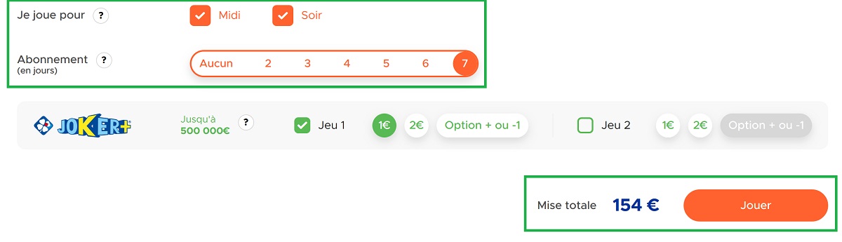 Dans cet exemple, nous avons choisi de participer à l'ensemble des tirages du matin et du soir pendant une semaine, en optant pour le jeu Joker+ à 1€. Le coût total pour les 14 tirages s'élève à 154€.