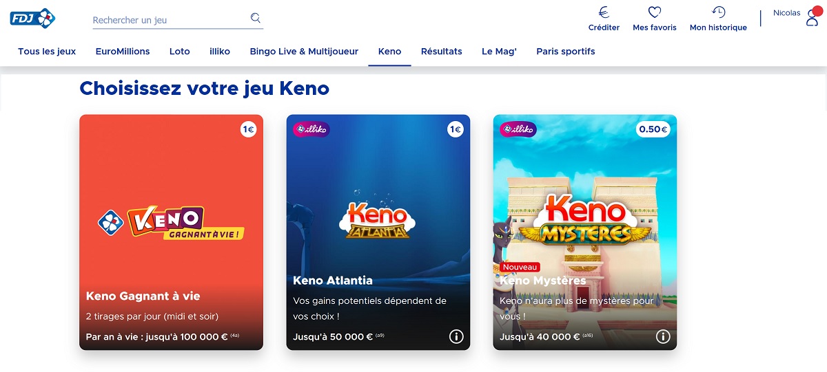 Les trois jeux de Keno présents sur le site FDJ.fr. Le Keno Gagnant à Vie représente la loterie classique, tandis que les deux autres jeux proposés sont des jeux instantanés.