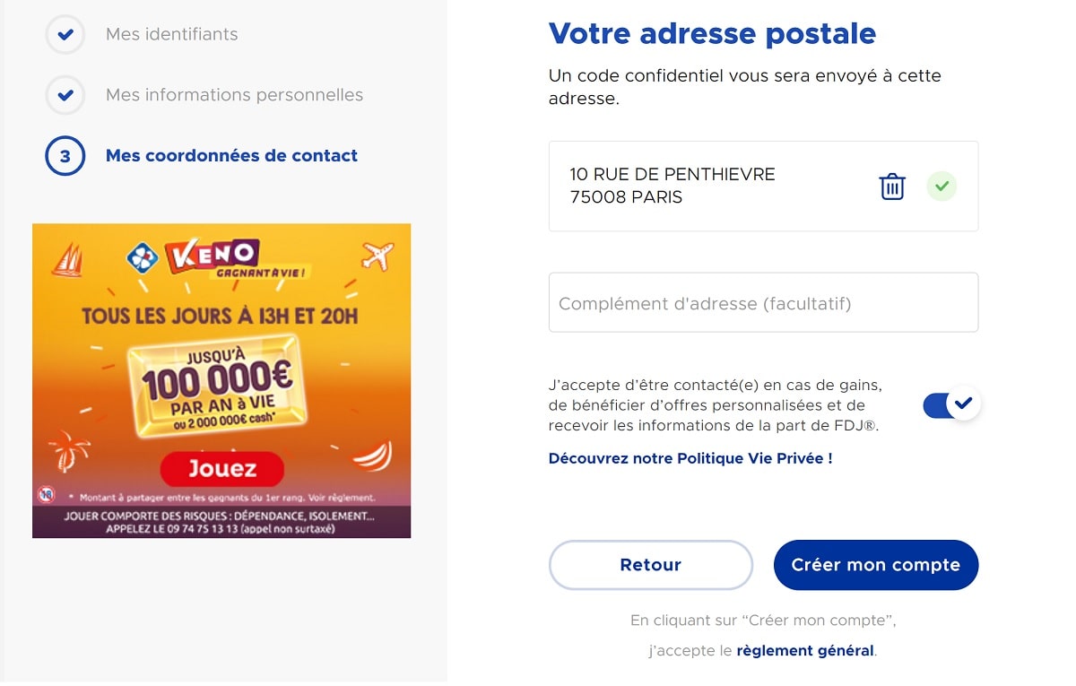 Inscription sur FDJ.fr : indiquez votre adresse postale