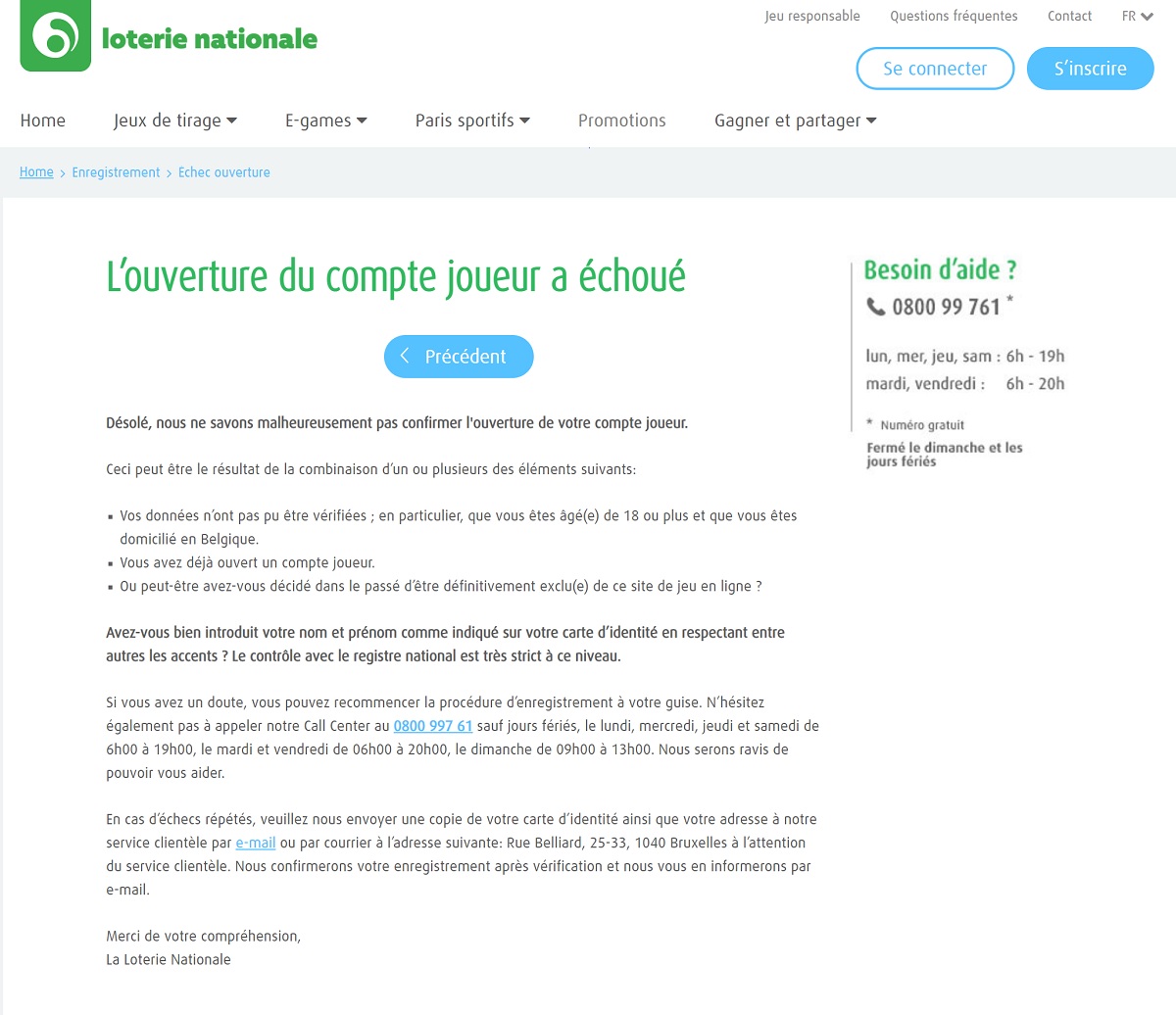 ouverture ratée sur E-lotto.be