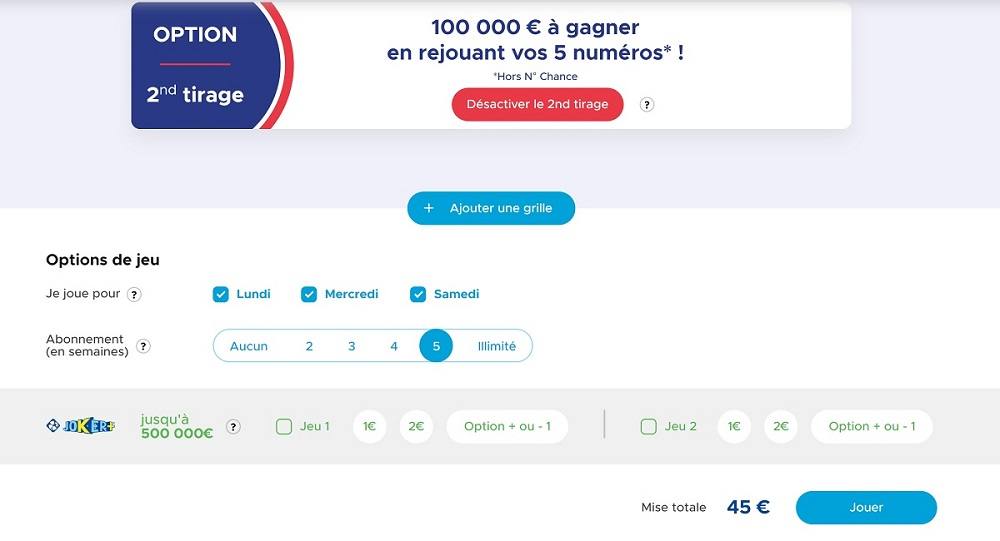 « Vous pouvez jouer des grilles pour le second tirage du Loto. Le coût de cette option s'ajoute à celui de votre grille pour 0,80€ par tirage souscrit. »