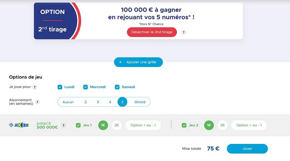 « En prenant un abonnement pour chaque tirage Loto du lundi au samedi pour une durée de cinq semaines, vous pourrez participer au deuxième tirage ainsi qu'au Joker+ pour le jeu n°1 et le jeu n°2. Cela vous permettra de jouer à plusieurs jeux différents en une seule fois. »