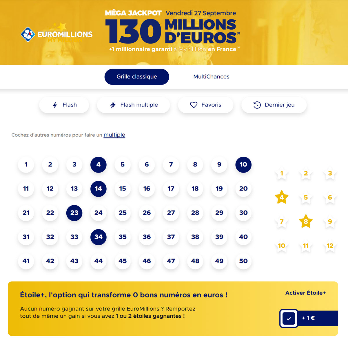 Jouer une grille EuroMillions avec l'option Etoile Plus sur mobile.