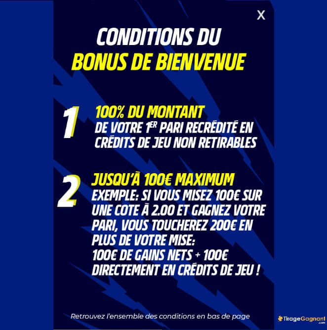 Les conditions pour obtenir le bonus spécial Parions Sport de 100€.