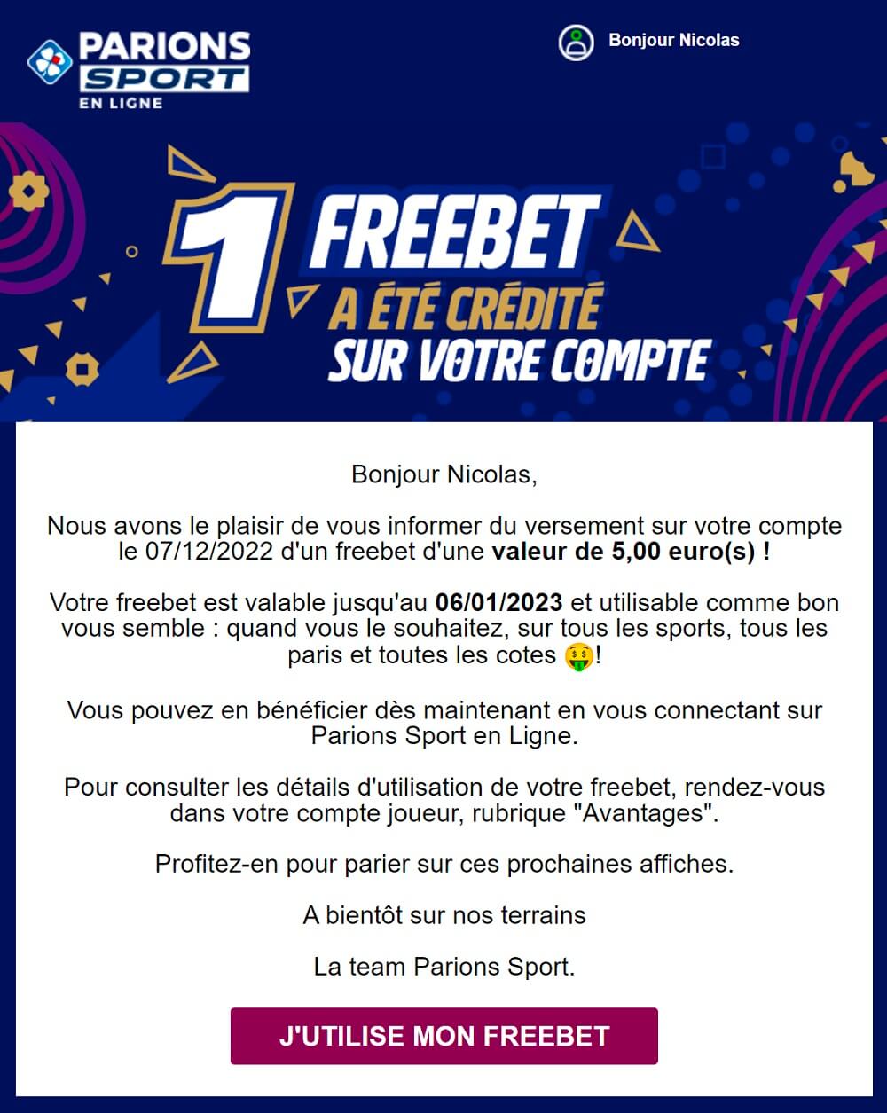 Vous disposez de 30 jours pour utiliser votre freebet Parions Sport