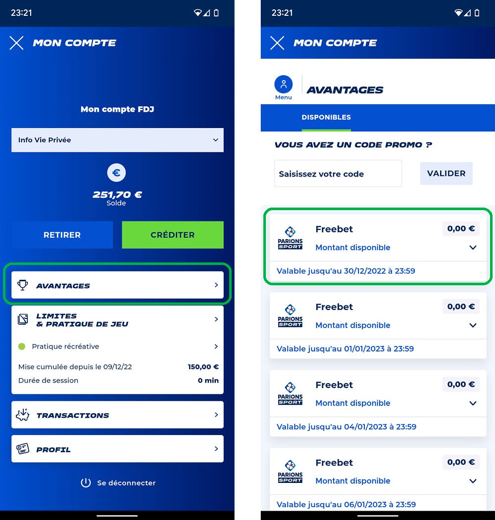 Lorsque vous avez un pari gratuit dans votre compte, un petit ‘F’ apparaîtra à côté de votre crédit en euros en haut de votre compte. <strong>Cette information vous permettra de connaître le montant actuel de freebets que vous pouvez utiliser.</strong>