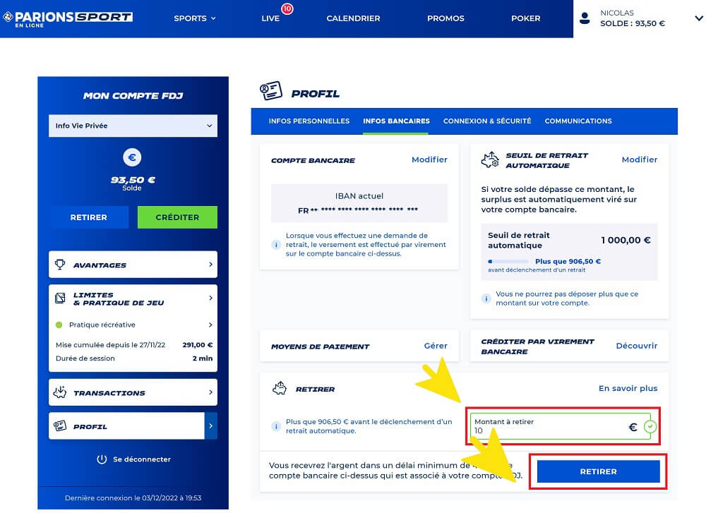 Cliquez sur le bouton retirer pour activer définitivement votre demande de paiement sur Parions Sport.