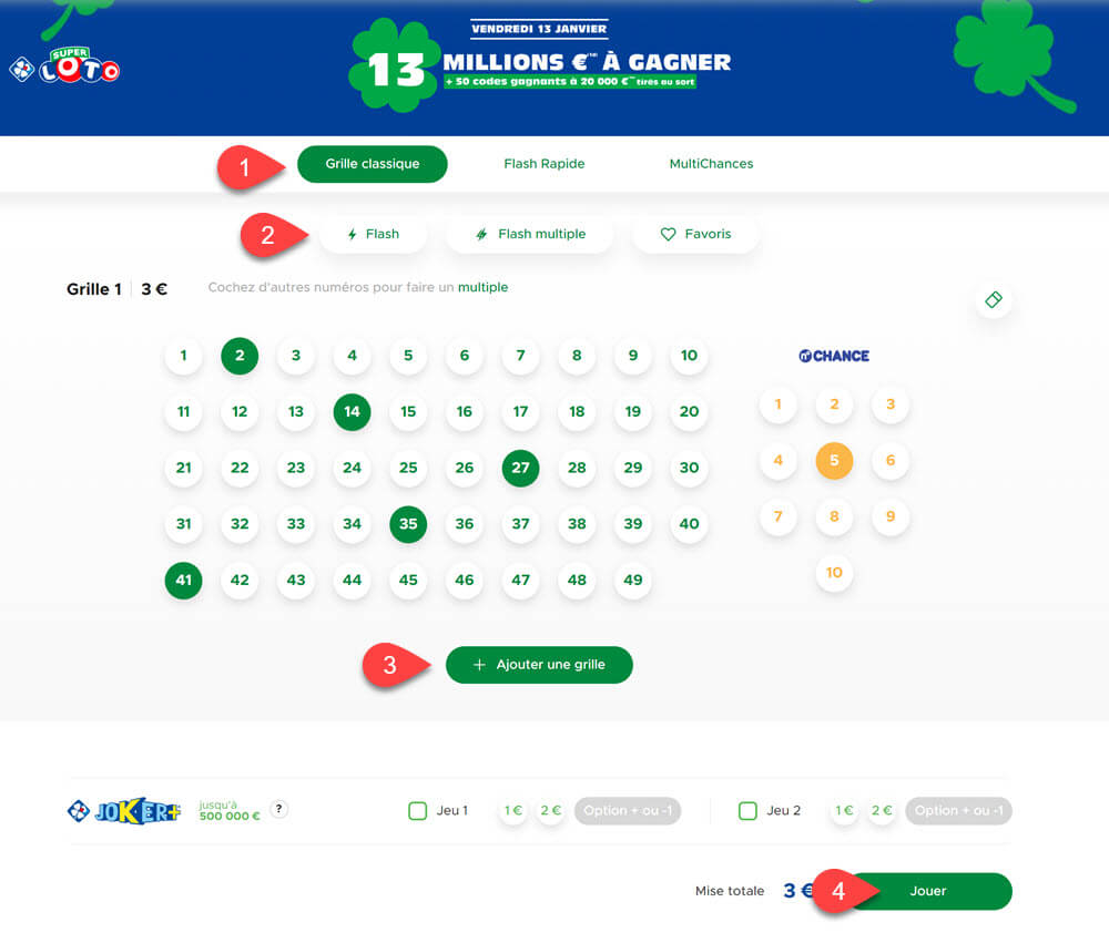 Jouer à la grille Super Loto du vendredi 13 janvier 2023 depuis un mobile