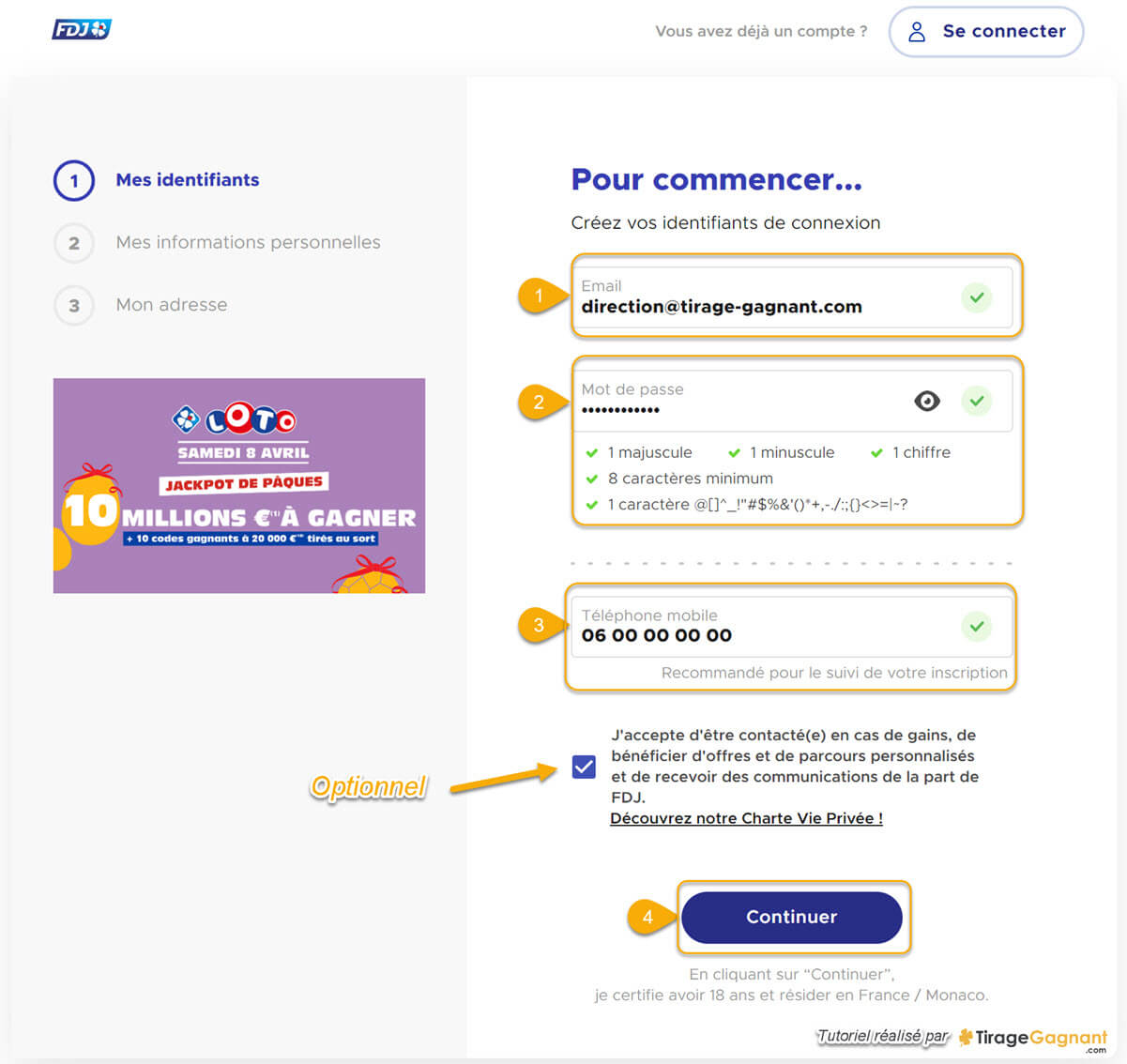 3/ Inscription FDJ : informations personnelles d'identité.