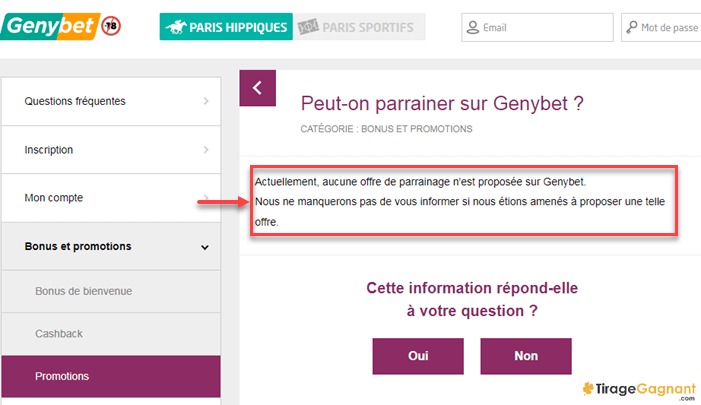 L'état actuel du programme de parrainage chez Genybet.