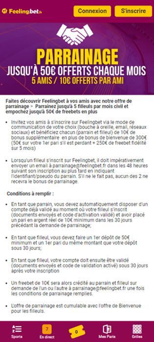 Les critères à respecter pour parrains et filleuls afin d'obtenir le bonus sur Feelingbet.