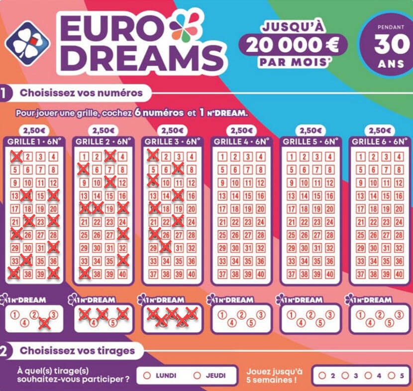 Voici trois exemples de grilles multiples à jouer pour un tirage Eurodreams.