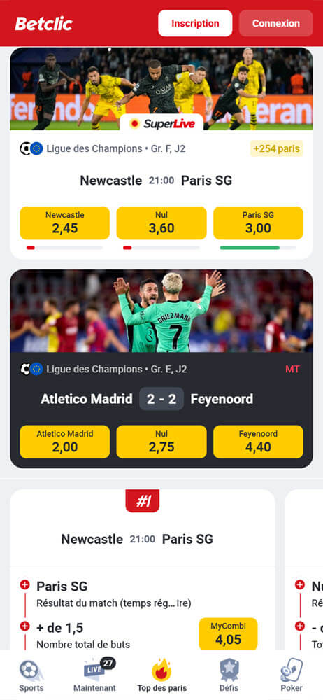 L'interface de Betclic sur mobile