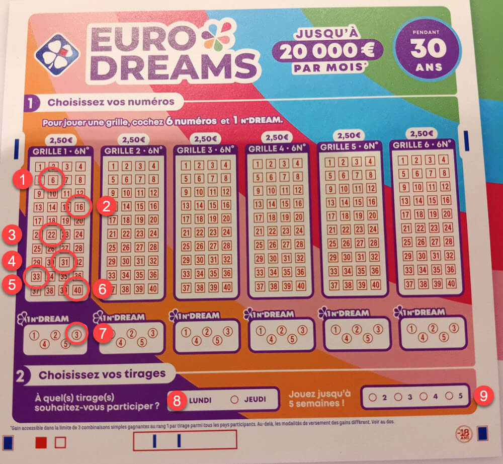 Voici un reçu de jeu EuroDreams pour le premier tirage du 6 novembre 2023.