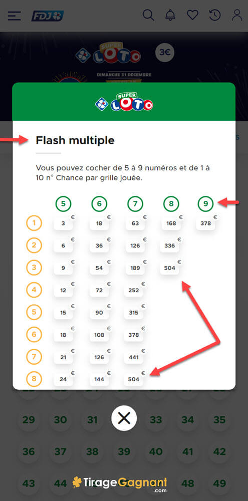 Grille multiple Super Loto : choisissez jusqu'à 9 numéros.