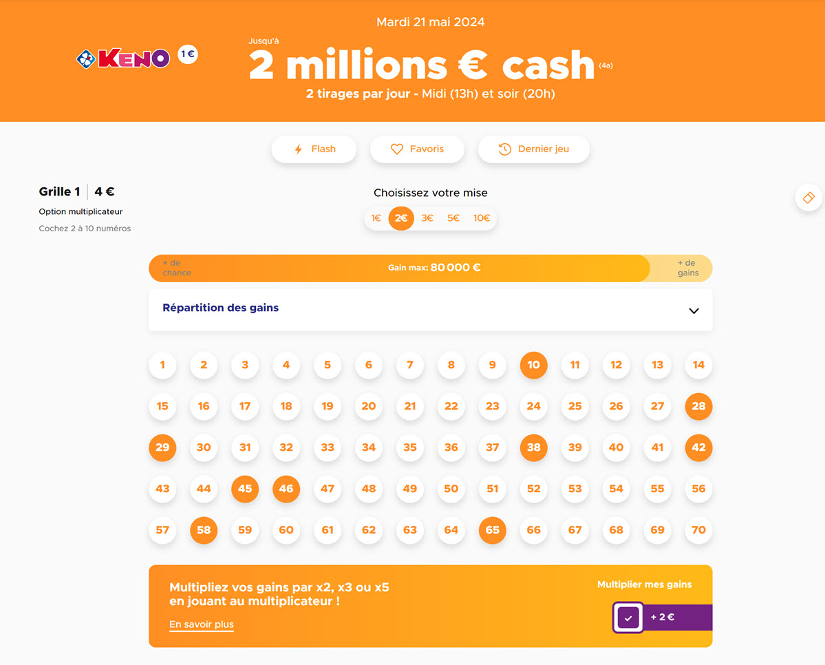 Une grille jouée au Keno pour 9 numéros