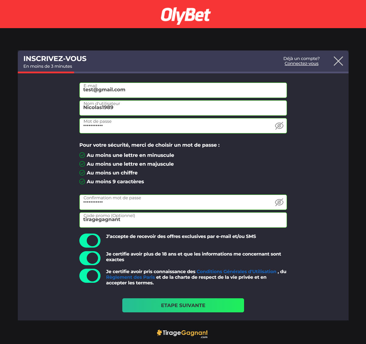 Inscription sur Olybet : initiation du formulaire d'enregistrement