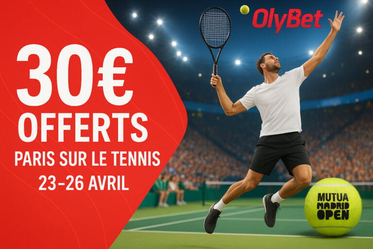 Olybet propose un bonus de 30 euros sur le Masters 1000 de Madrid jusqu'au 26 avril.