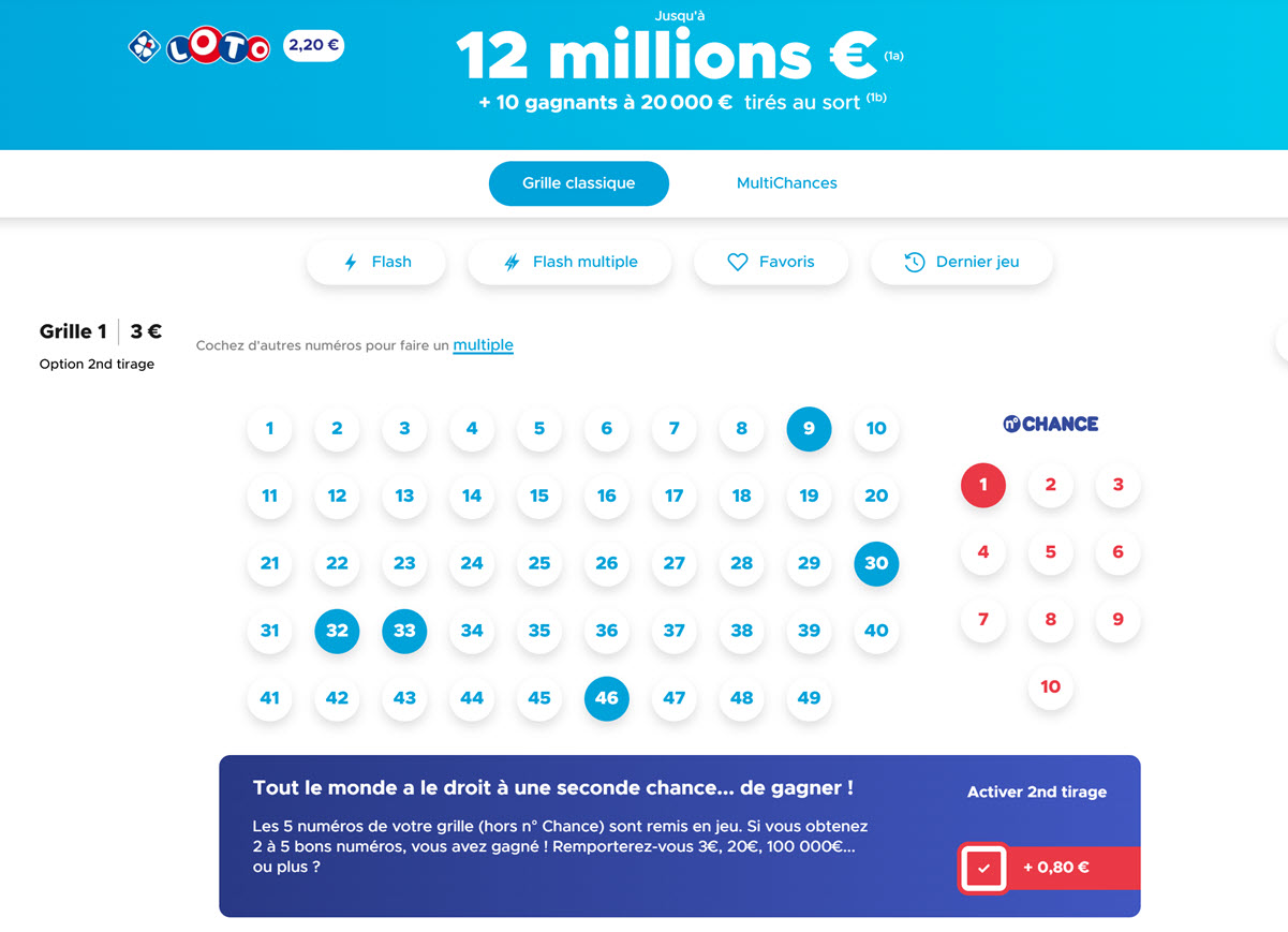 Comment participer à une grille Loto avec l’option du 2nd tirage sur un mobile.