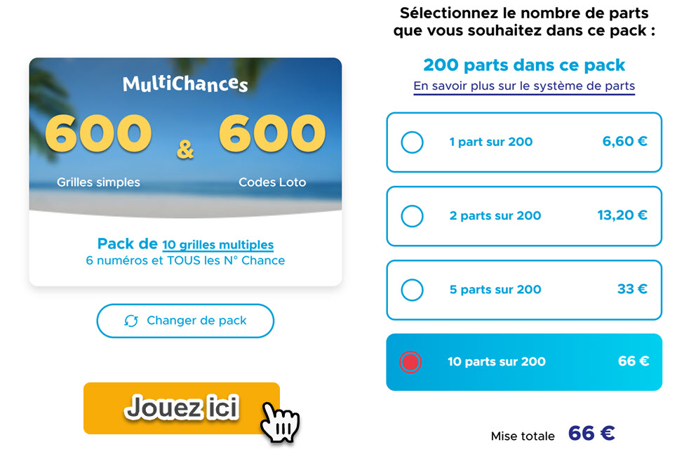 Pack Multichances Loto : exemple d'un achat de 10 parts d'un pack de 600 grilles.